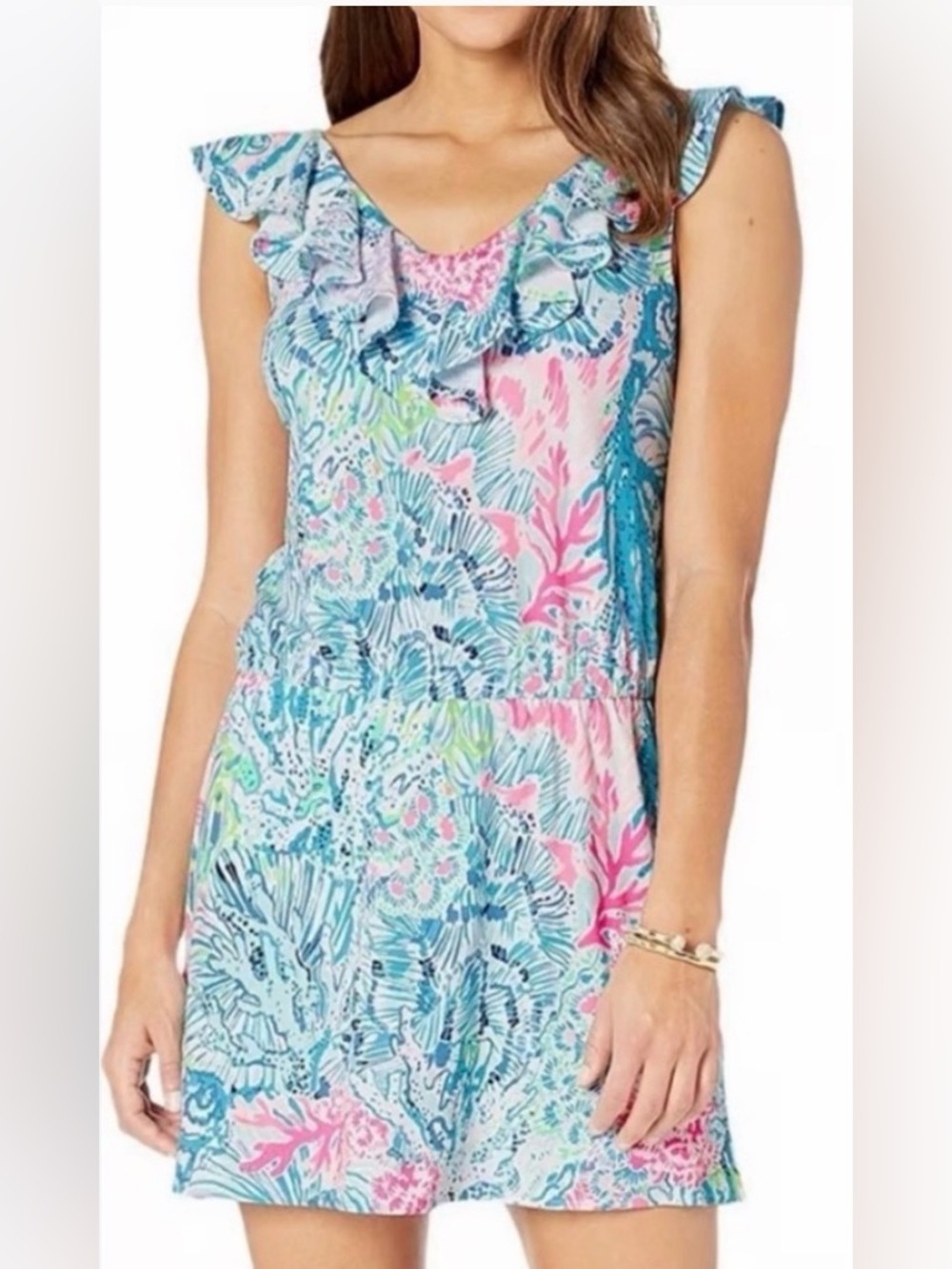 Lilly Pulitzer Alessa romper in "Sink or Swim" print with a ruffled V-neckline
